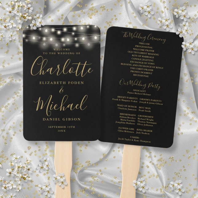 Black Gold String Lights Script Wedding Program Hand Fan (Black Gold String Lights Script Wedding Program Hand Fan)