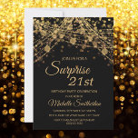 Black Gold String Lights Surprise 21st Birthday Invitation<br><div class="desc">21st birthday party invitation for women with glittering gold string lights and sparkling bokeh on a bold black background. Because text is customisable, this invitation is designed for a lady who is celebrating any birthday. (18th, 21, st, 30th, 40th, 50th, 60th, 70th, 80th, 90th, 100th... .or any age). Text, fonts...</div>