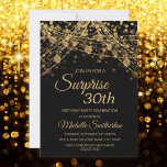 Black Gold String Lights Surprise 30th Birthday Invitation<br><div class="desc">30th birthday party invitation for women with glittering gold string lights and sparkling bokeh on a bold black background. Because text is customisable, this invitation is designed for a lady who is celebrating any birthday. (18th, 21, st, 30th, 40th, 50th, 60th, 70th, 80th, 90th, 100th... .or any age). Text, fonts...</div>