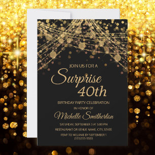 Black Gold String Lights Surprise 40th Birthday Invitation