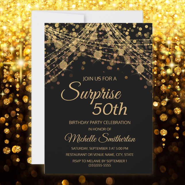 Black Gold String Lights Surprise 50th Birthday Invitation (Creator Uploaded)