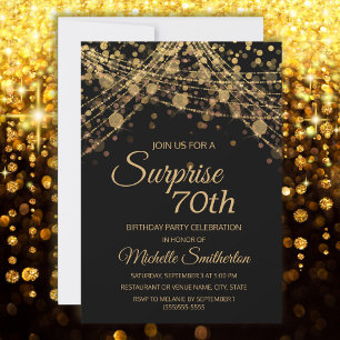 Black Gold String Lights Surprise 70th Birthday Invitation