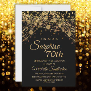 Black Gold String Lights Surprise 70th Birthday Invitation