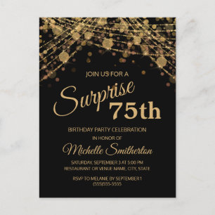 Black Gold String Lights Surprise 75th Birthday Postcard