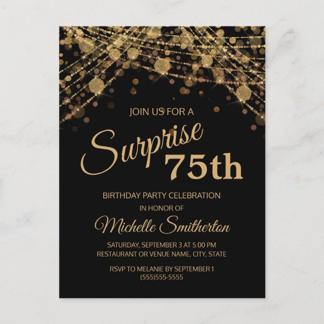 Black Gold String Lights Surprise 75th Birthday  Postcard (Front)