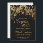 Black Gold String Lights Surprise 90th Birthday Invitation<br><div class="desc">90th birthday party invitation for women with glittering gold string lights and sparkling bokeh on a bold black background. Because text is customisable, this invitation is designed for a lady who is celebrating any birthday. (18th, 21, st, 30th, 40th, 50th, 60th, 70th, 80th, 90th, 100th... .or any age). Text, fonts...</div>