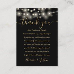 Black Gold String Lights Wedding Thank You Place  Card
