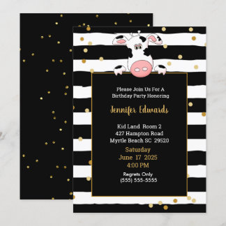 Black Gold Stripe Cow Theme Kids Birthday Party Invitation