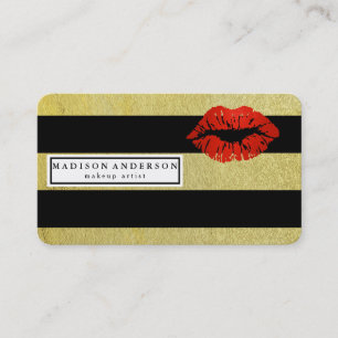 Black & Gold Stripe Red Lips - Makeup Artist Business Card