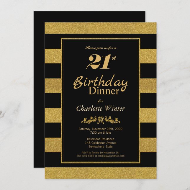 Black Gold Striped 21st Birthday Dinner Invitation (Front/Back)