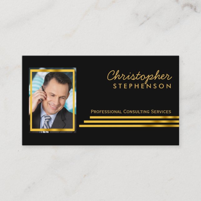 Black Gold Striped Professional Consulting Photo Business Card (Front)