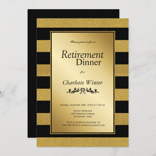 Black Gold Striped Retirement Party Invitation (Front/Back)