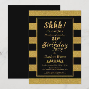 Black Gold Striped Surprise 50th Birthday Party Invitation