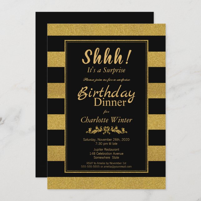 Black & Gold Striped Surprise Birthday Dinner Invitation (Front/Back)