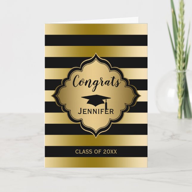 Black Gold Stripes- Graduate Holiday Card (Front)