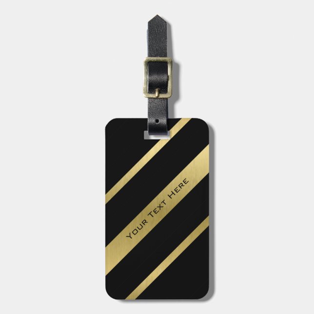 Black & Gold Stripes Luggage Tag w/ leather strap (Front Vertical)