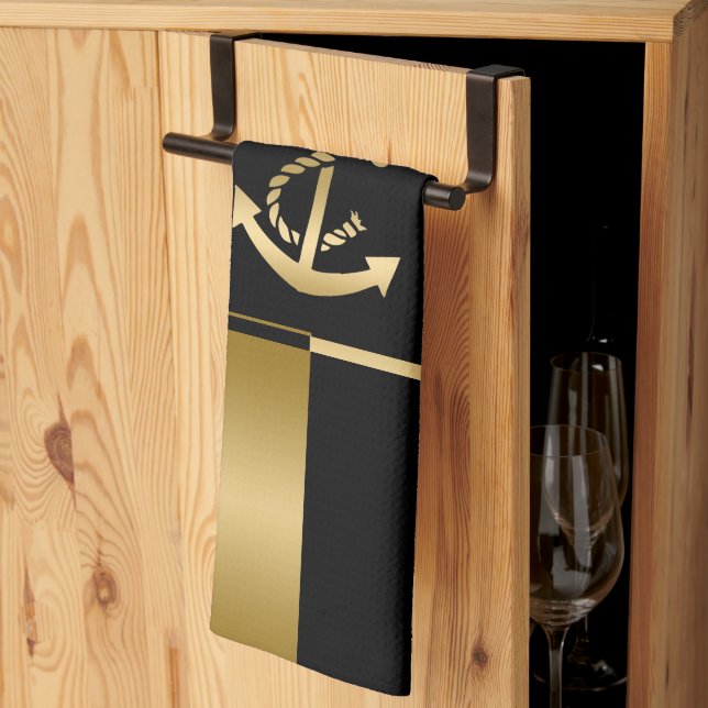 Black & Gold Stripes With Nautical Boat Anchor Tea Towel (Thirds Fold)