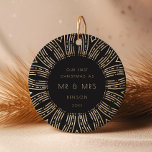 Black & Gold Sunburst Art Deco Our First Christmas Ceramic Tree Decoration<br><div class="desc">A minimalist and retro art deco black and gold holiday collection,  with striking sunburst frames. Easily customisable with your name and milestone.</div>