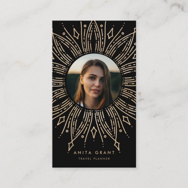 Black & Gold sunburst frame art deco vertical Business Card (Front)