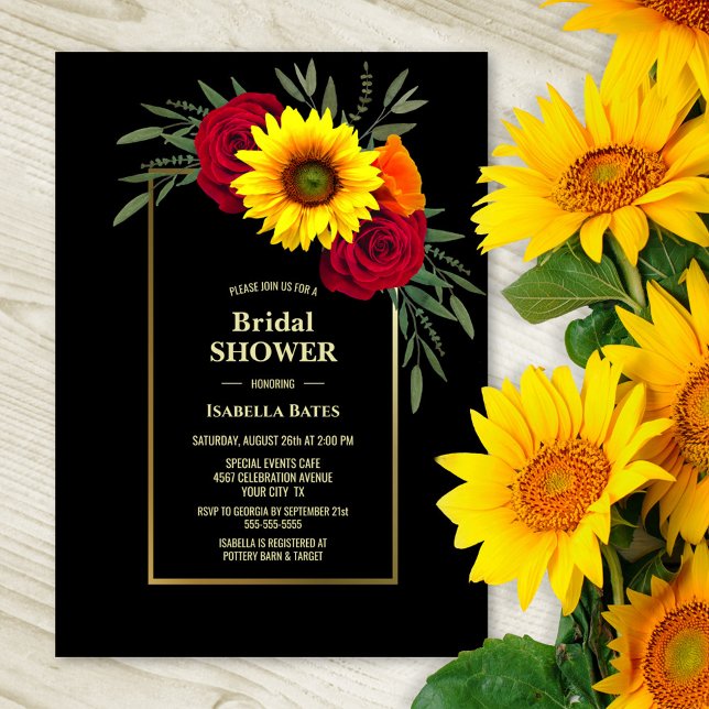 Black Gold Sunflower Burgundy Rose Bridal Shower Invitation (Creator Uploaded)