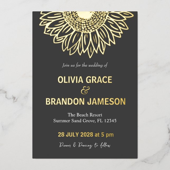 Black Gold  Sunflower Modern Floral Wedding  (Front)