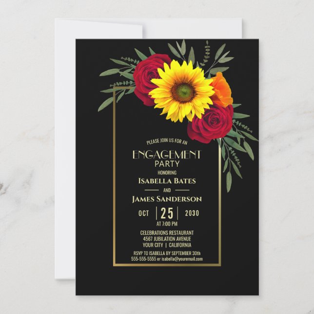 Black Gold Sunflower Rose Engagement Party Invitation (Front)