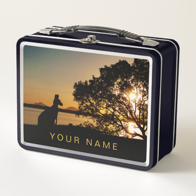 Black & Gold Sunset Kangaroo Tree Silhouette Metal Lunch Box (Front)