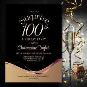 Black Gold Surprise 100th Birthday Party Invitation
