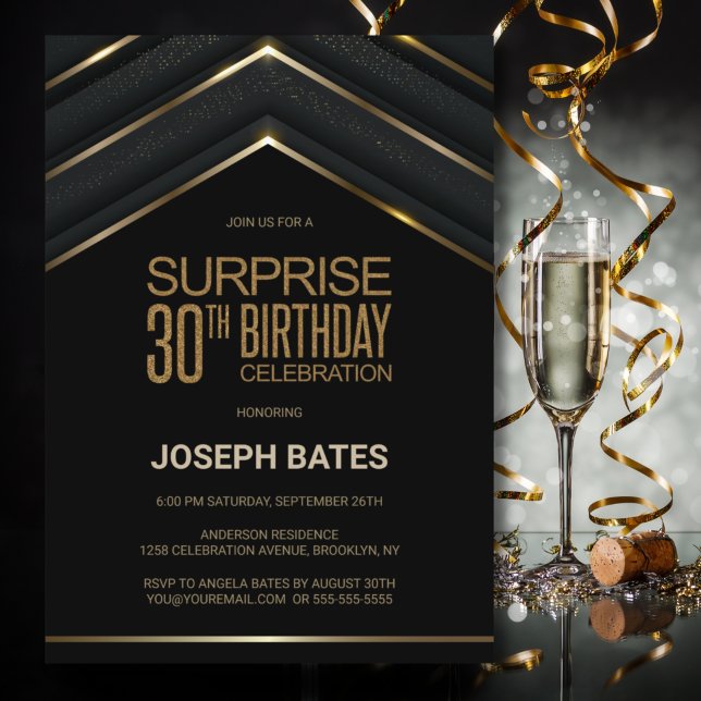 Black Gold Surprise 30th Birthday Invitation (Creator Uploaded)