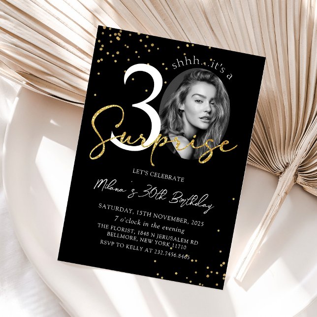 Black Gold Surprise 30th Birthday Photo Invitation (Creator Uploaded)