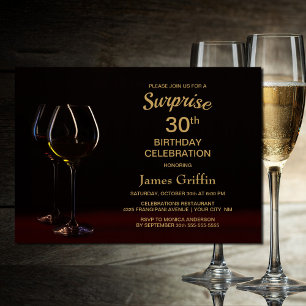 Black Gold Surprise 30th Birthday Wine Glass Party Invitation
