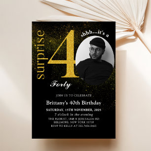 Black Gold Surprise 40th Birthday Photo Invitation