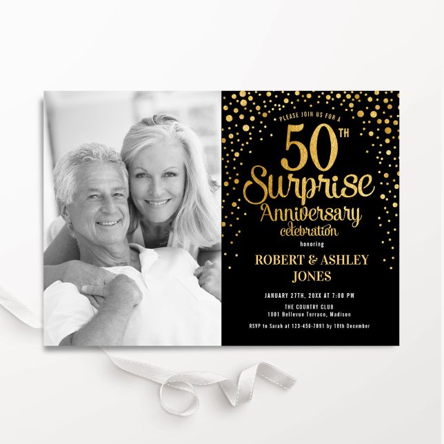 Black Gold Surprise 50th Anniversary Photo Invitation (Creator Uploaded)