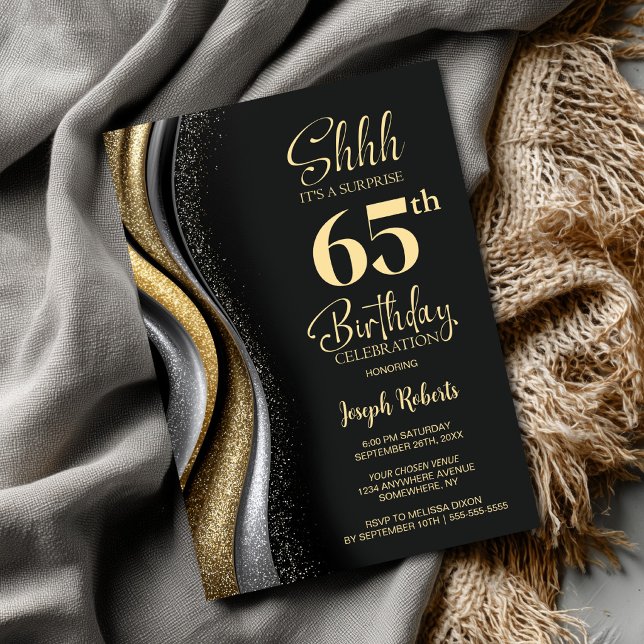 Black Gold Surprise 65th Birthday Party Invitation (Creator Uploaded)