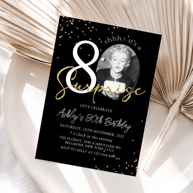 Black Gold Surprise 80th Birthday Photo Invitation (Creator Uploaded)