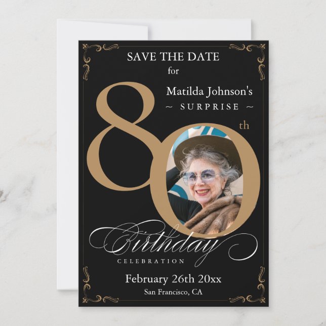 Black Gold Surprise 80th Birthday Save The Date Invitation (Front)