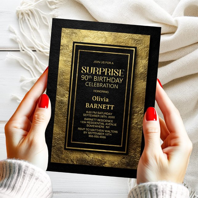 Black Gold Surprise 90th Birthday Party Invitation (Creator Uploaded)