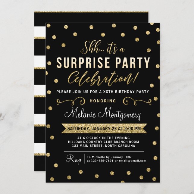 Black Gold Surprise Birthday Party Invitation (Front/Back)
