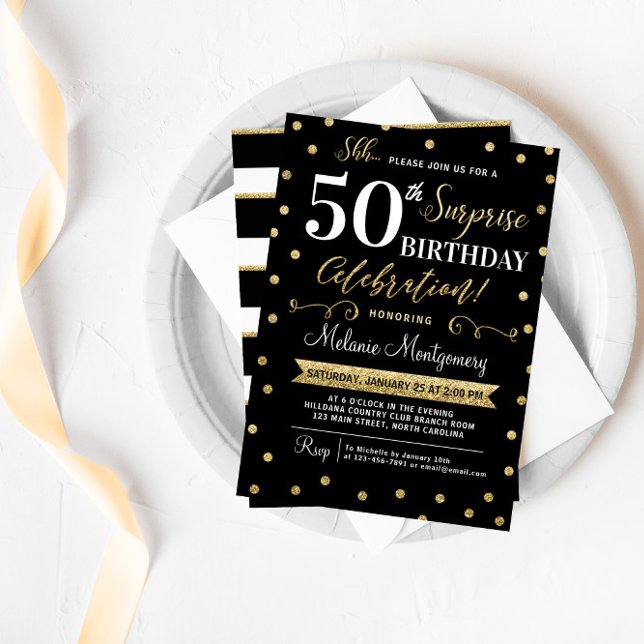 Black Gold Surprise Birthday Party Invitation (Creator Uploaded)