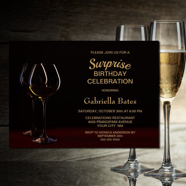 Black Gold Surprise Birthday Wine Glass Party Invitation (Creator Uploaded)