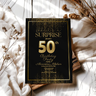 Black Gold Surprise Typography Fifty 50th Birthday Invitation