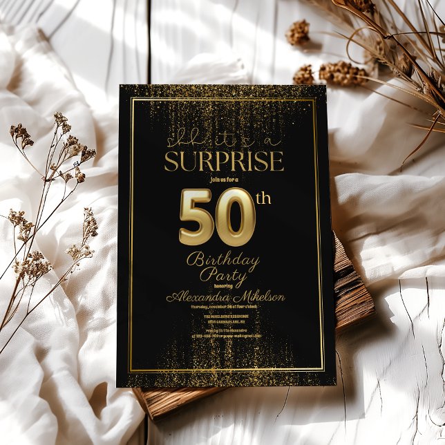 Black Gold Surprise Typography Fifty 50th Birthday Invitation (Creator Uploaded)