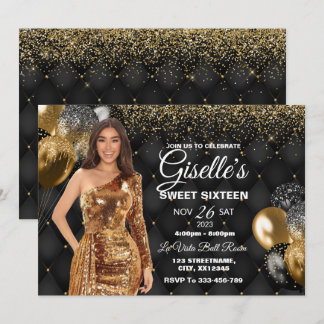 Black & Gold Sweet 16 Girl Birthday Invitation