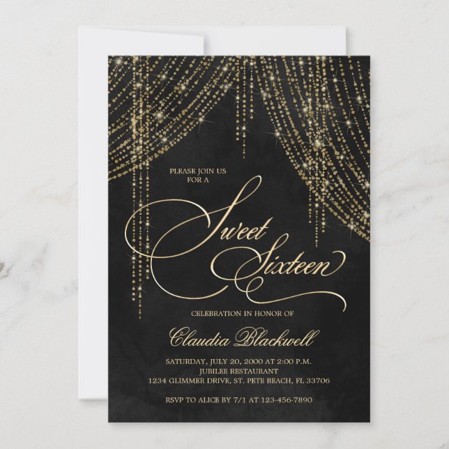 Black Gold Sweet 16 Invitation (Front)