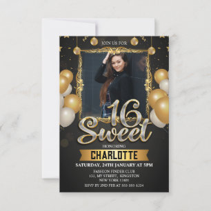 Black & Gold Sweet 16 Photo Glitter Balloon Invitation