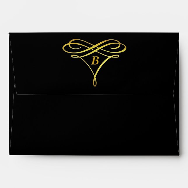 Black Gold Swirl Ornate Monogram Envelopes (Back (Top Flap))