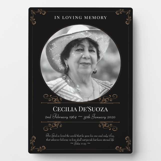 Black Gold Swirls Classic Memorial Custom Photo Plaque (Front)