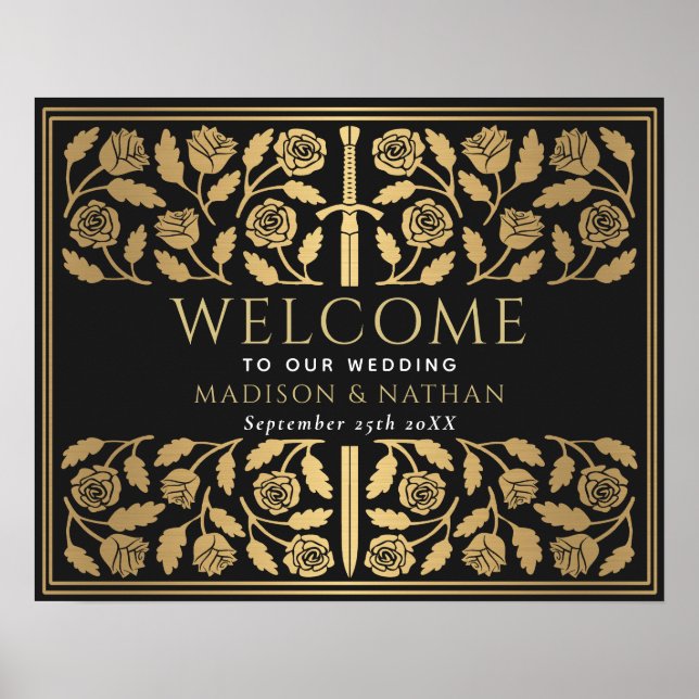 Black Gold Sword Royal Wedding Welcome Sign (Front)