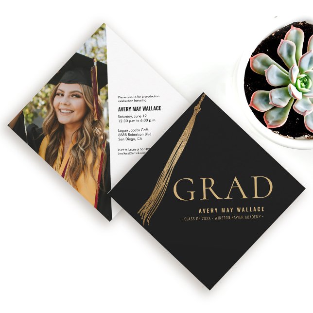 Black Gold Tassel Unique Graduation Custom Photo  Invitation (Grad cap like graduation photo invitation and announcement card.)