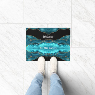 Black Gold & Teal Agate, White Monogram & Name Doormat